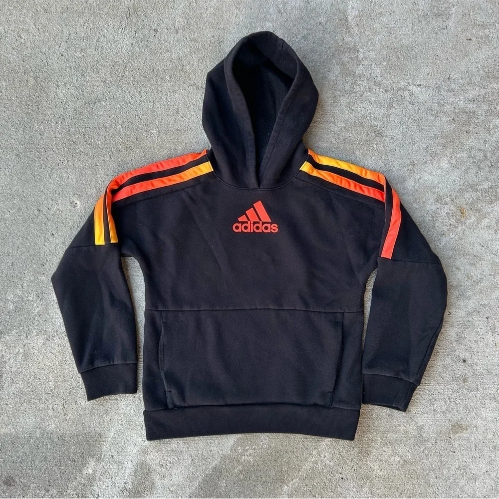 Adidas Youth Black Hoodie w/ Red & Orange Stripes | Size M (10/12)